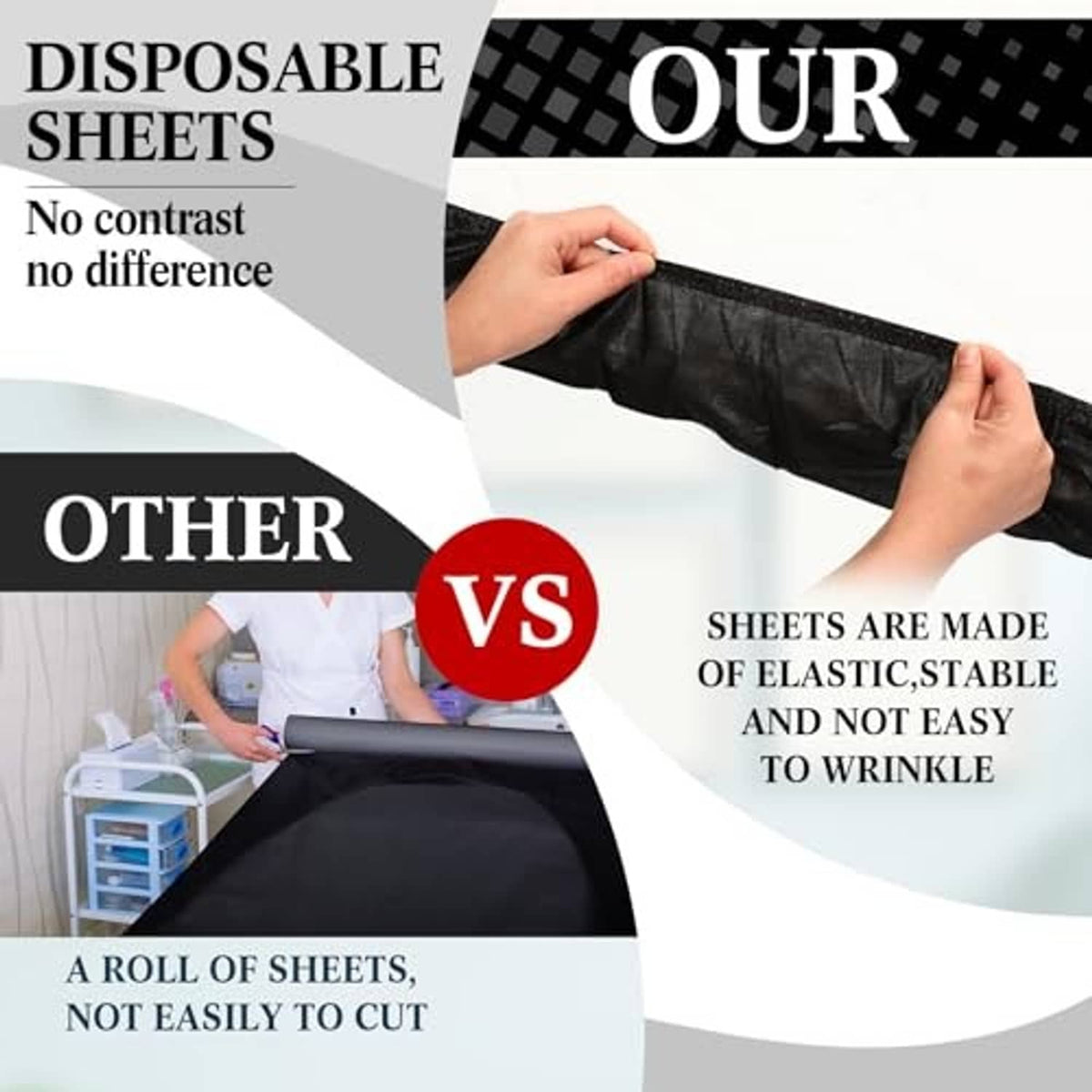 Hands holding a folded black non-woven disposable massage sheet
