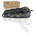 Black engine coolant reservoir tank with cap and side outlet hose