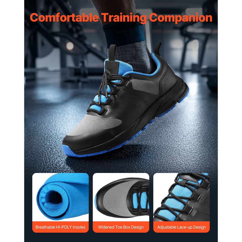 Black cross training shoes with gray side panels, blue accents, and lace-up closure