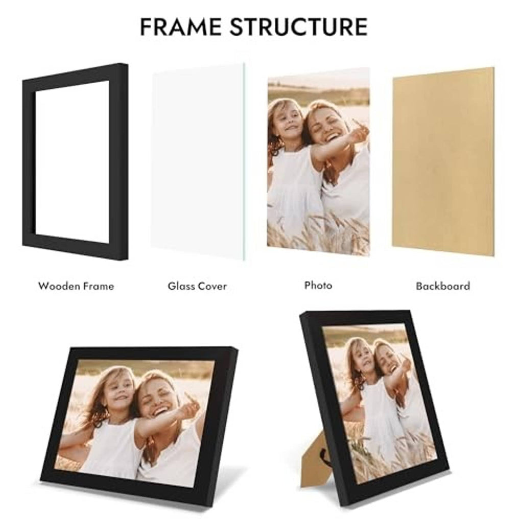 Black 8x10 picture frame with wooden frame, glass cover, photo, and backing.