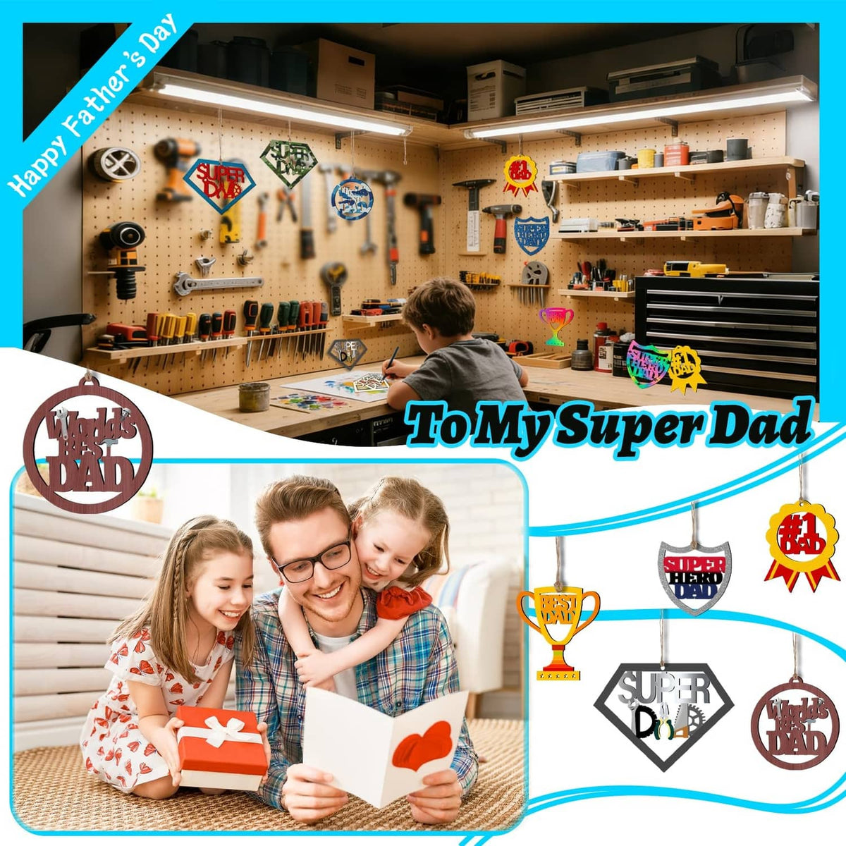 Unfinished wooden Father’s Day hanging ornaments shown in a workshop decoration scene