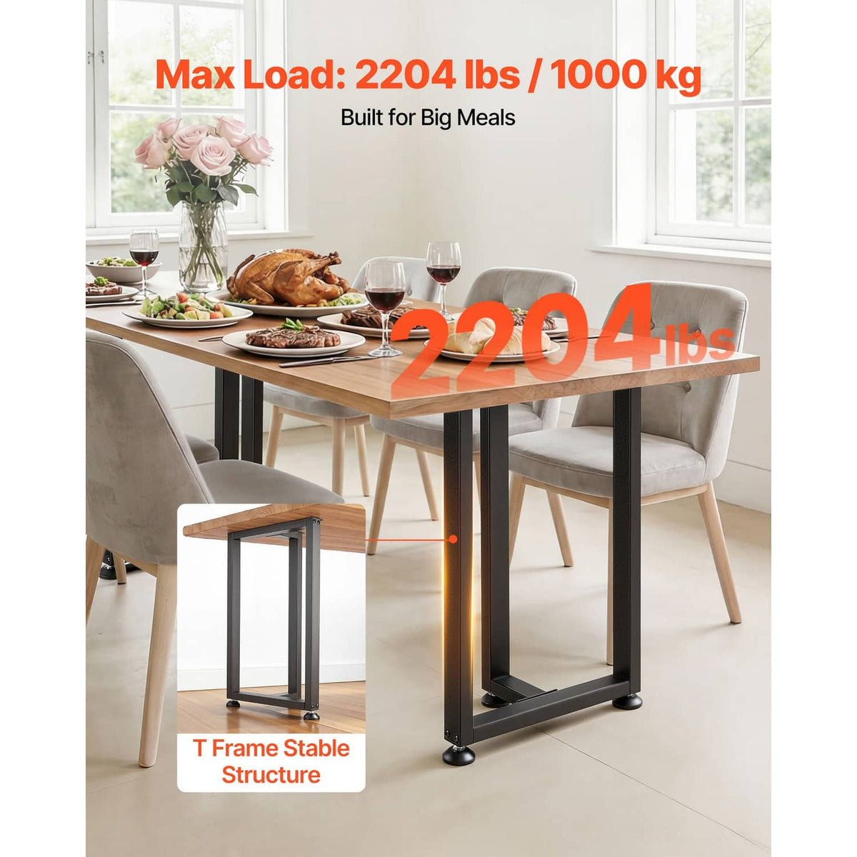 Black steel table legs with T-frame base, supporting dining table, set of 2
