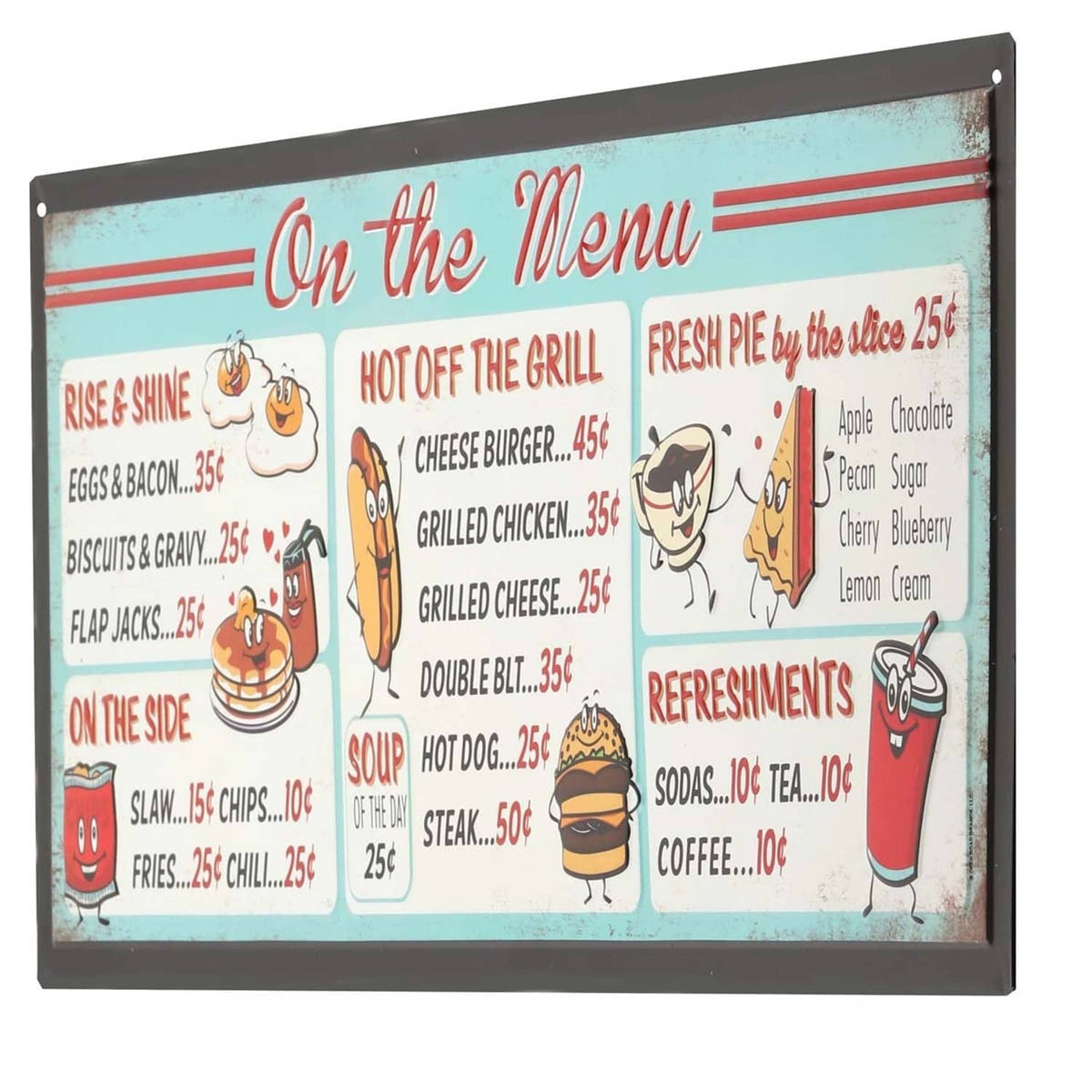 Front of embossed metal menu sign with “On the Menu” and diner-style item prices