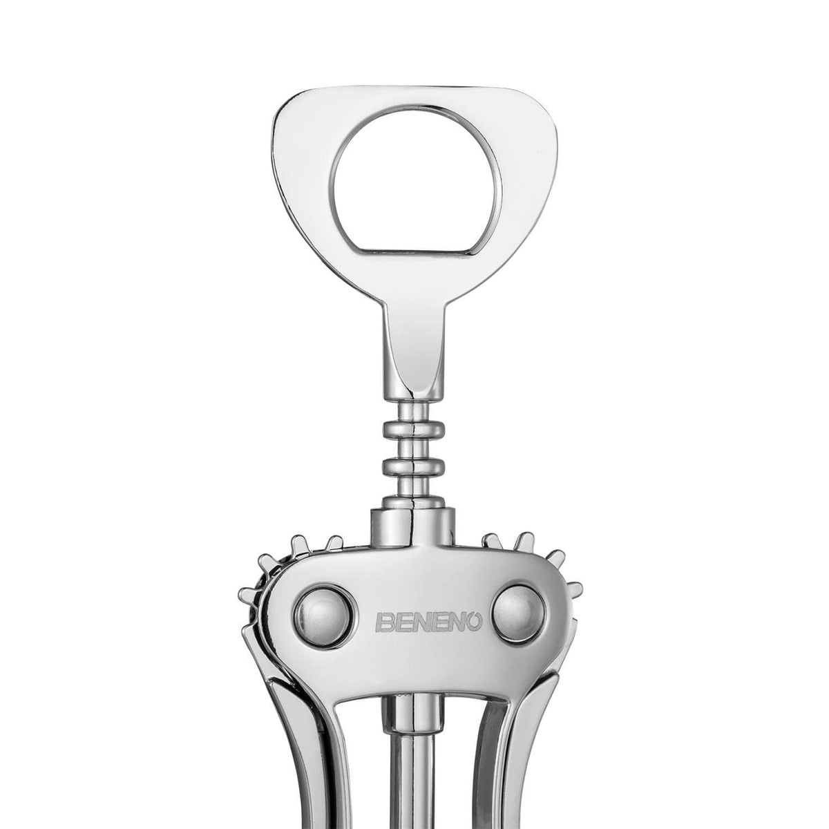 Silver wing corkscrew wine bottle opener with ring-style handle, front view
