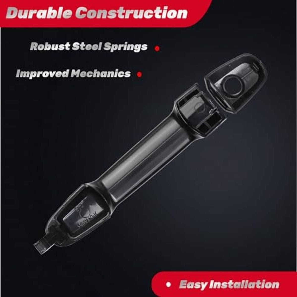 Black exterior door handle with visible mounting tabs and spring mechanism