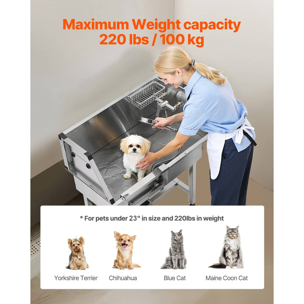 Stainless steel pet grooming tub with steps and front access for bathing