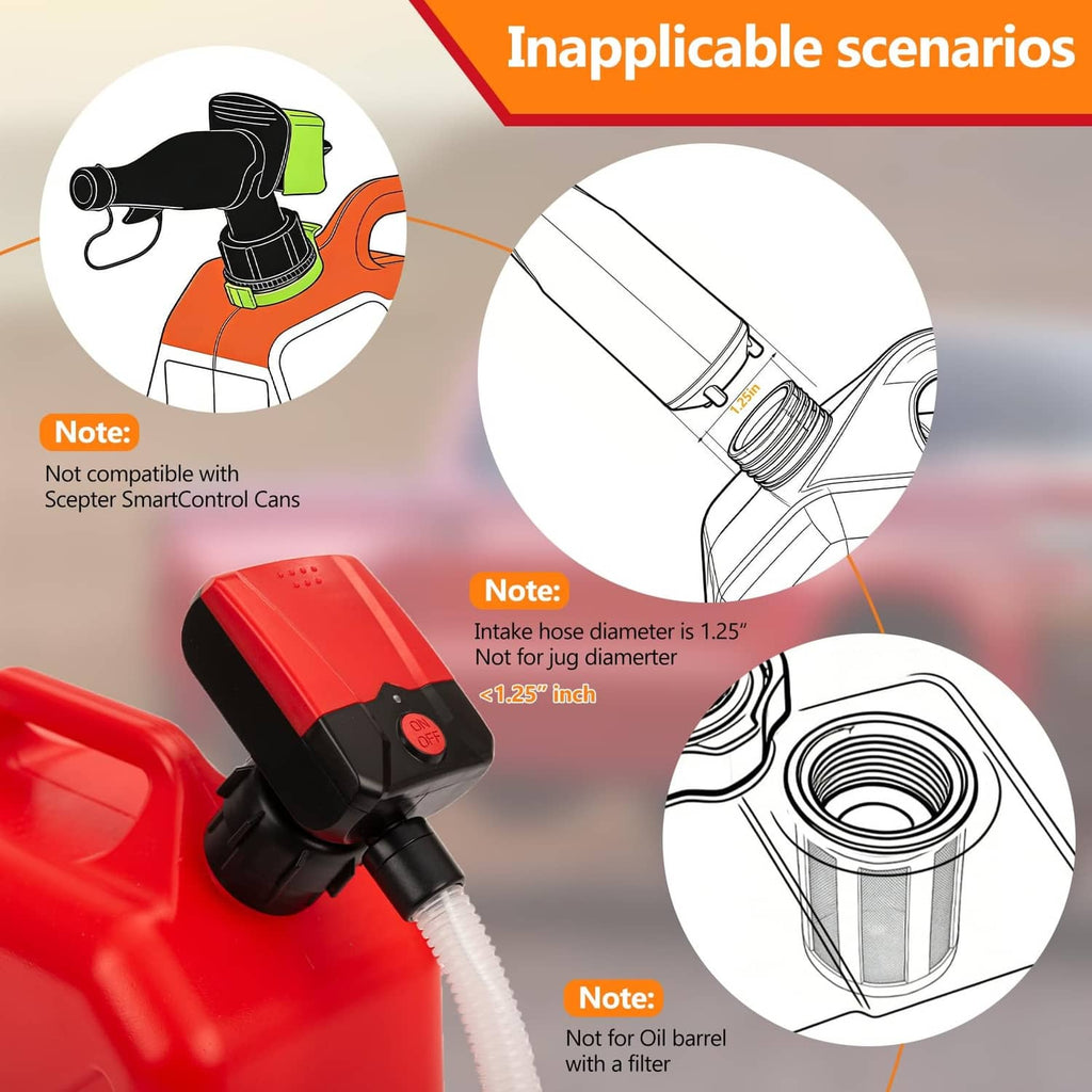 Red fuel transfer pump with intake hose and circular connection ports for fuel cans