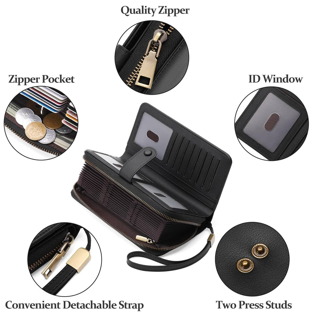 Black leather wallet with gold-tone zipper, ID window, card slots, and zip pocket