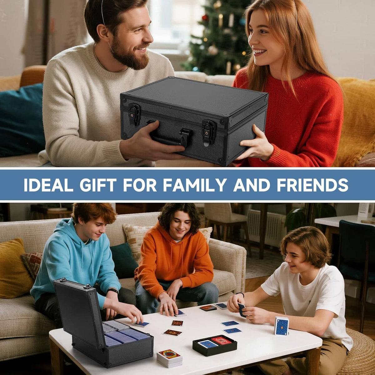 Lockable black trading card storage case held by two people, designed for cards