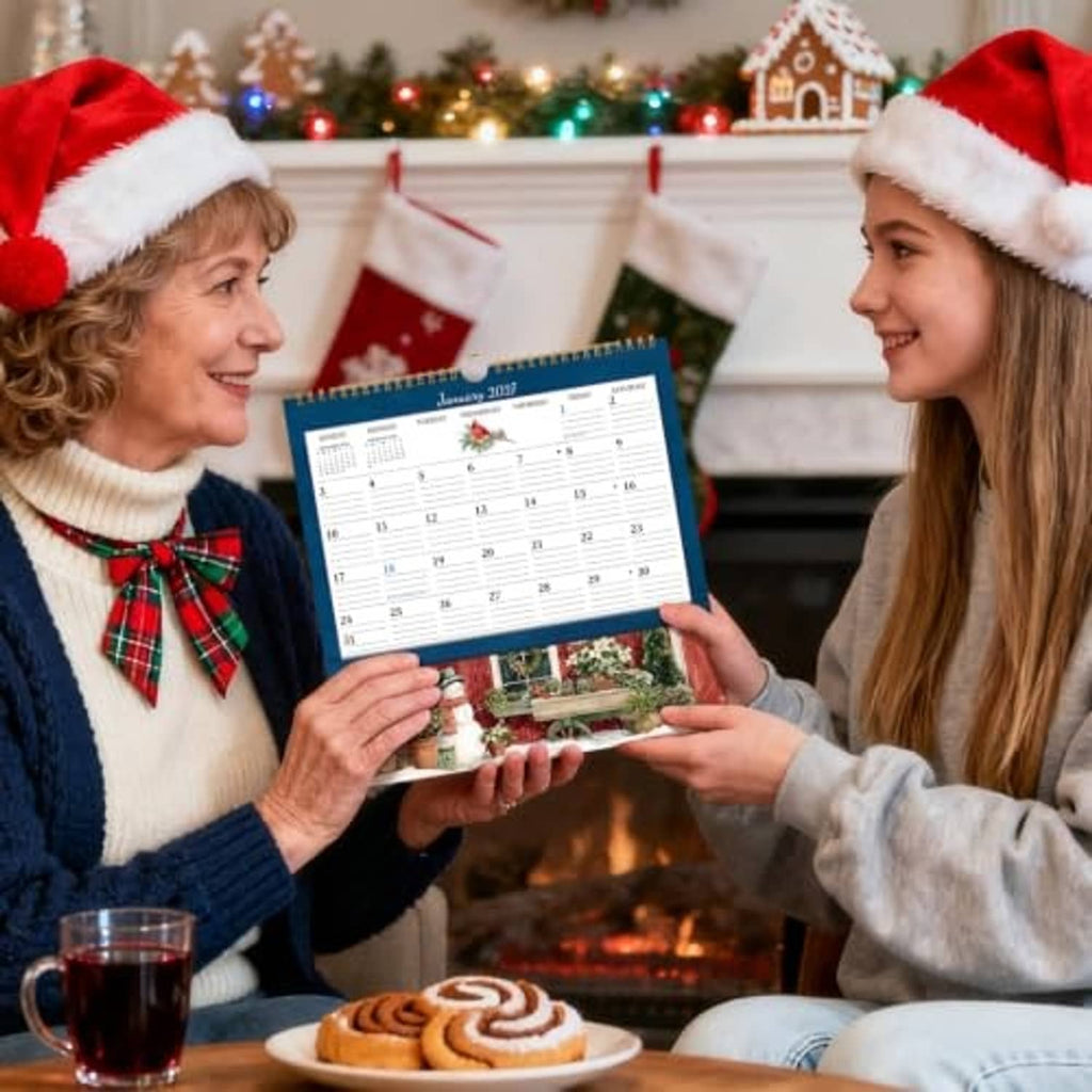 Blue 2027 wall calendar held by two people indoors near holiday decorations