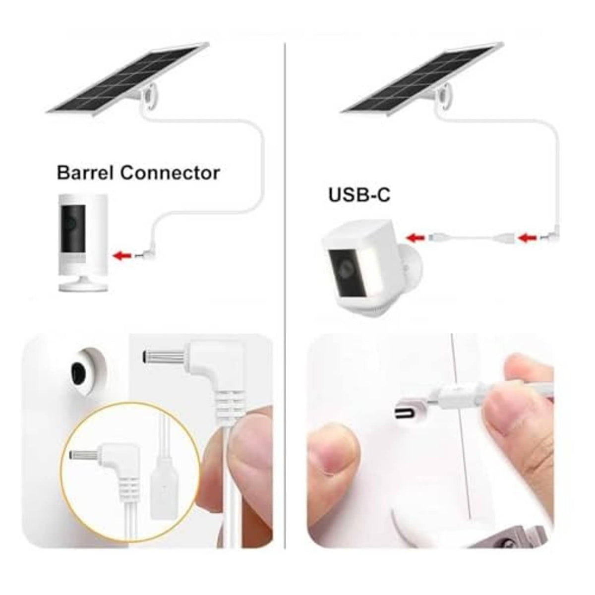 Solar panel power cables with barrel connector and USB-C plug for Ring outdoor cameras