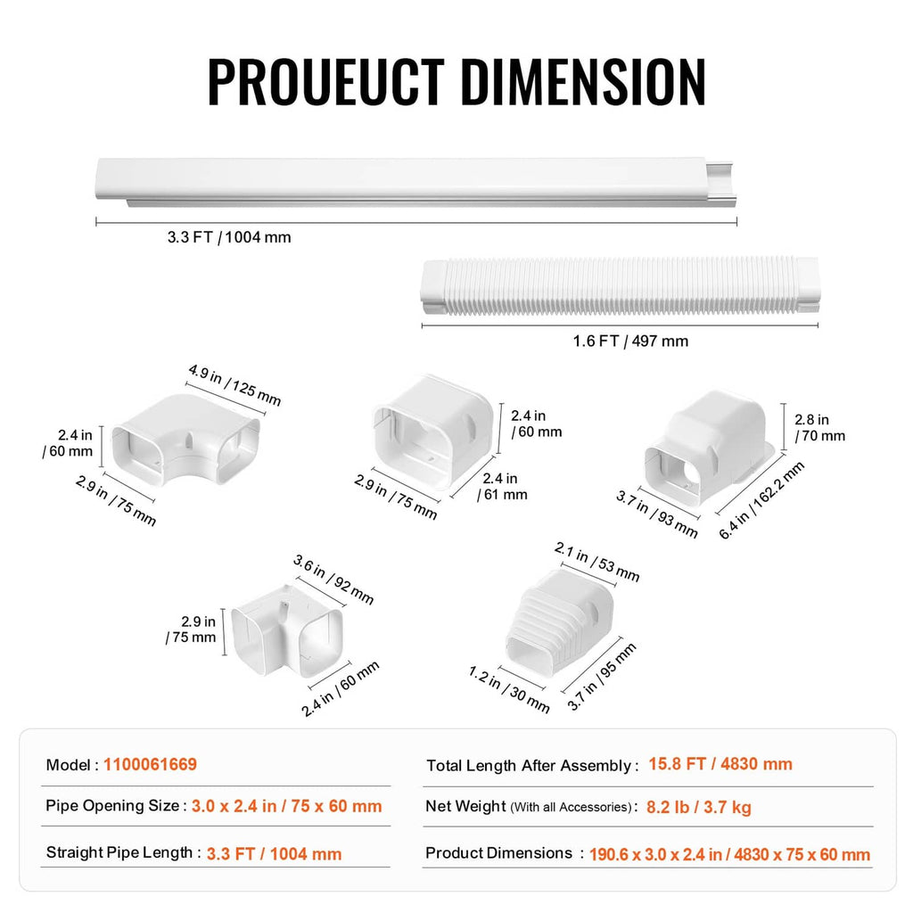 PVC line set cover components and elbows with shown measurements and dimensions