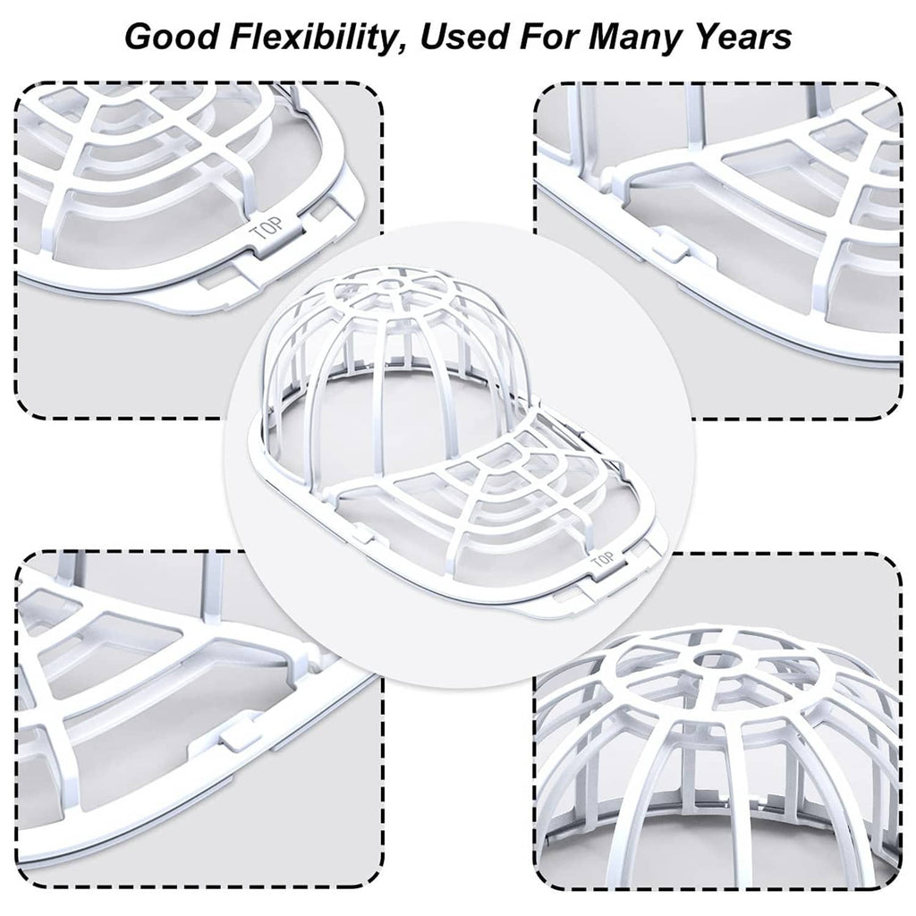 Hat washer frame with flexible tabs and circular mesh grid, shown from multiple angles
