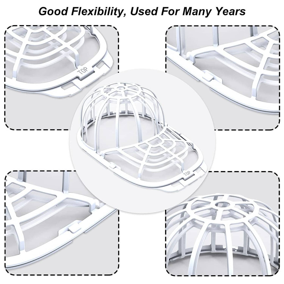 Hat washer frame with flexible tabs and circular mesh grid, shown from multiple angles