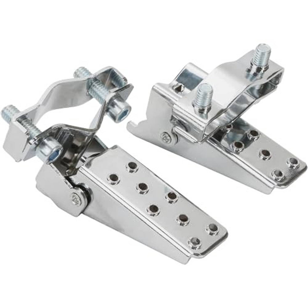Metal folding foot peg clamp brackets with perforated pedal plates and mounting bolts