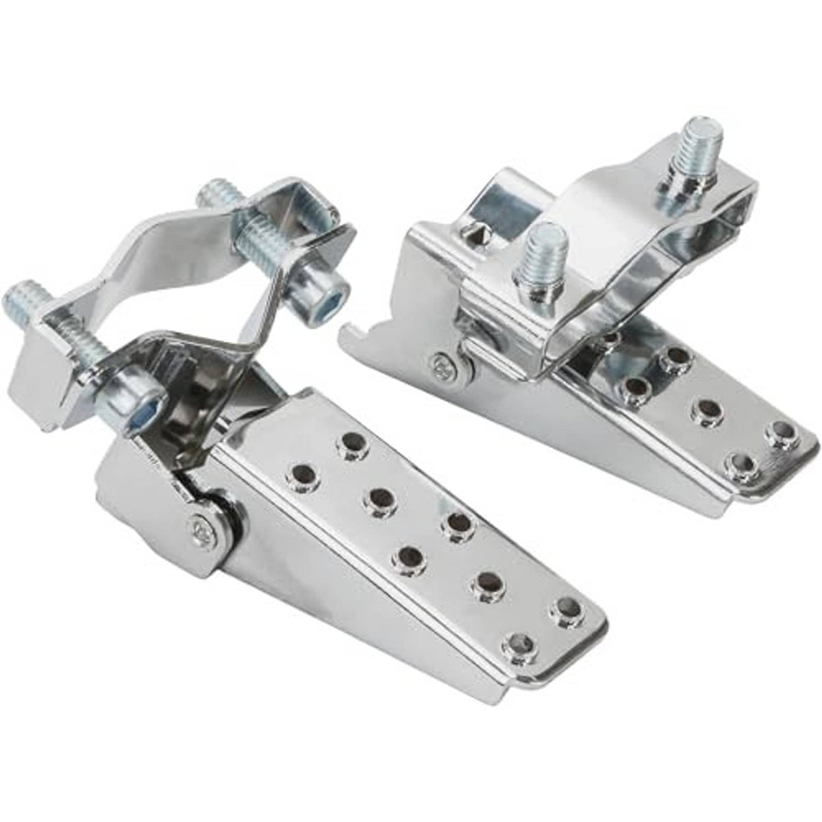 Metal folding foot peg clamp brackets with perforated pedal plates and mounting bolts