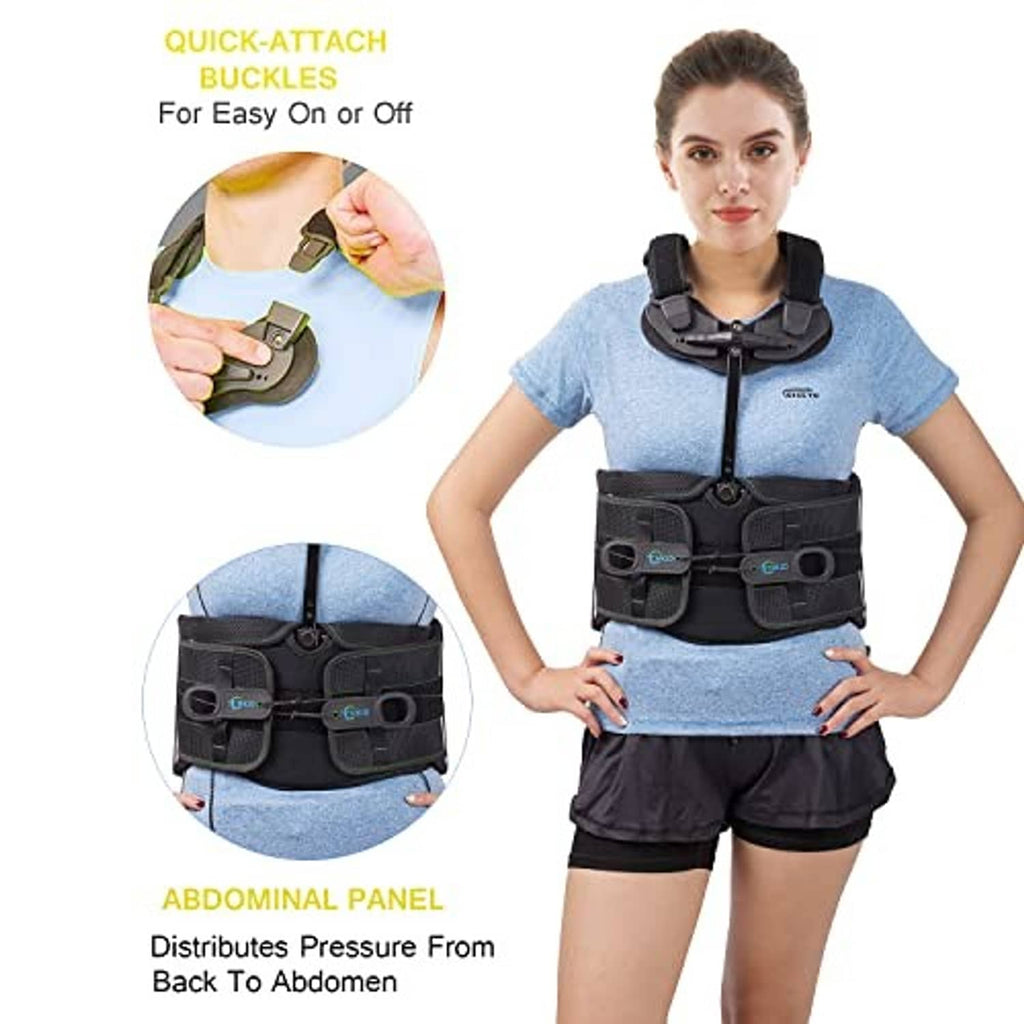 Black thoracic brace with quick-attach buckle and wide abdominal compression panel