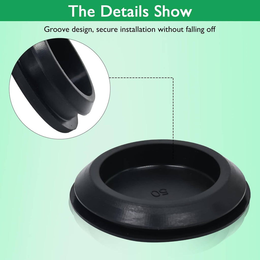 Black round rubber hole plug cap with visible interior opening