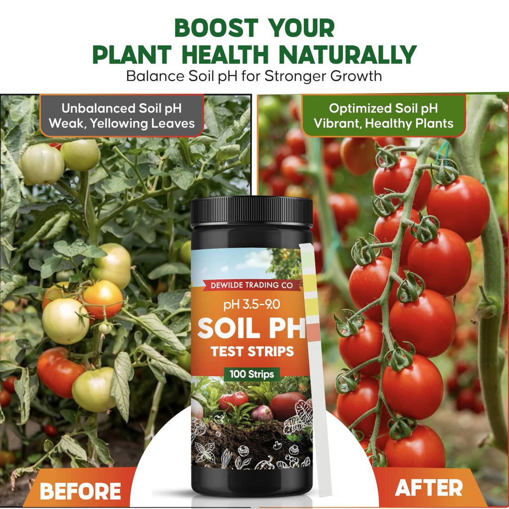 Soil pH test strips bottle between before-and-after plant photos