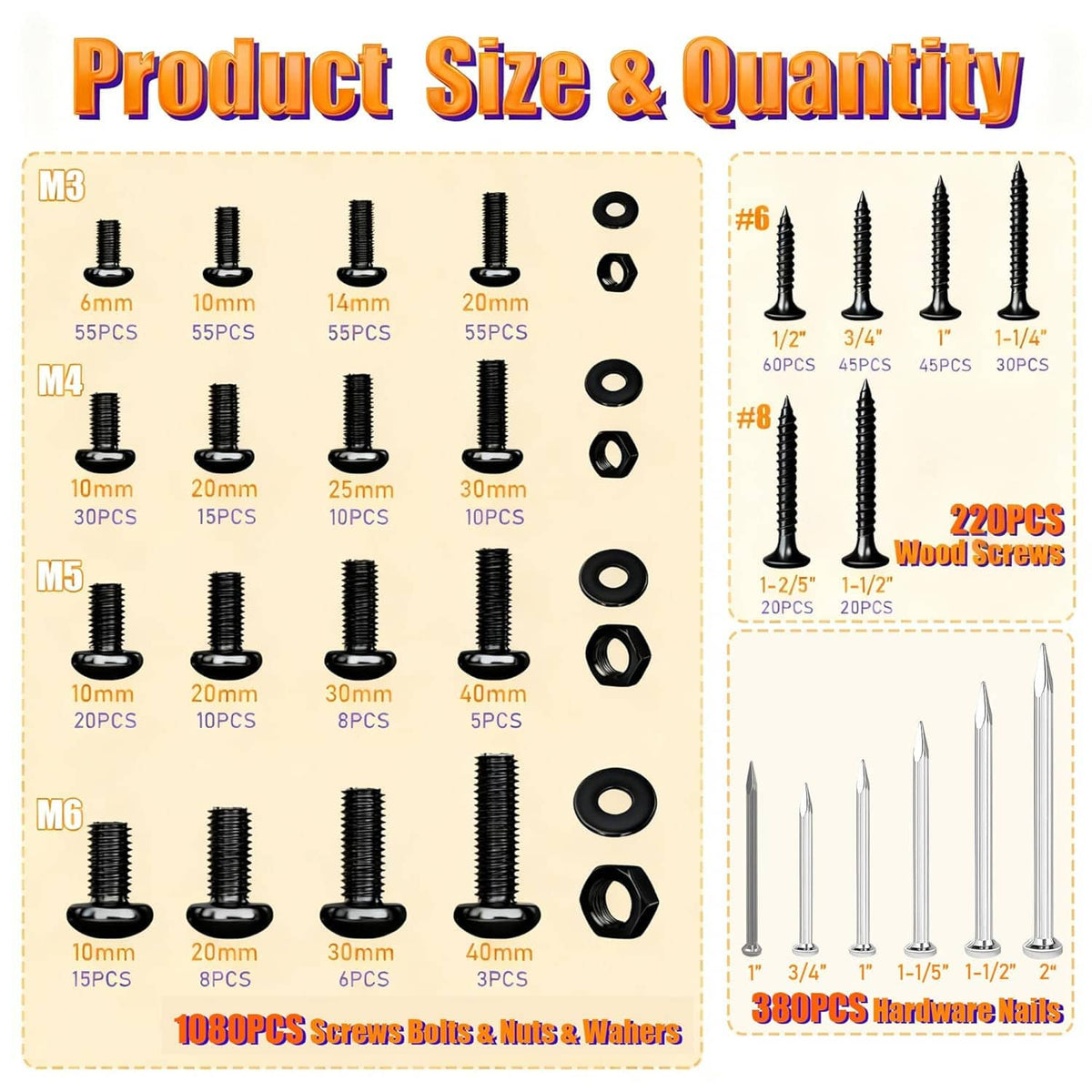 Hardware assortment box display of black screws, nails, bolts, washers, and hex nuts