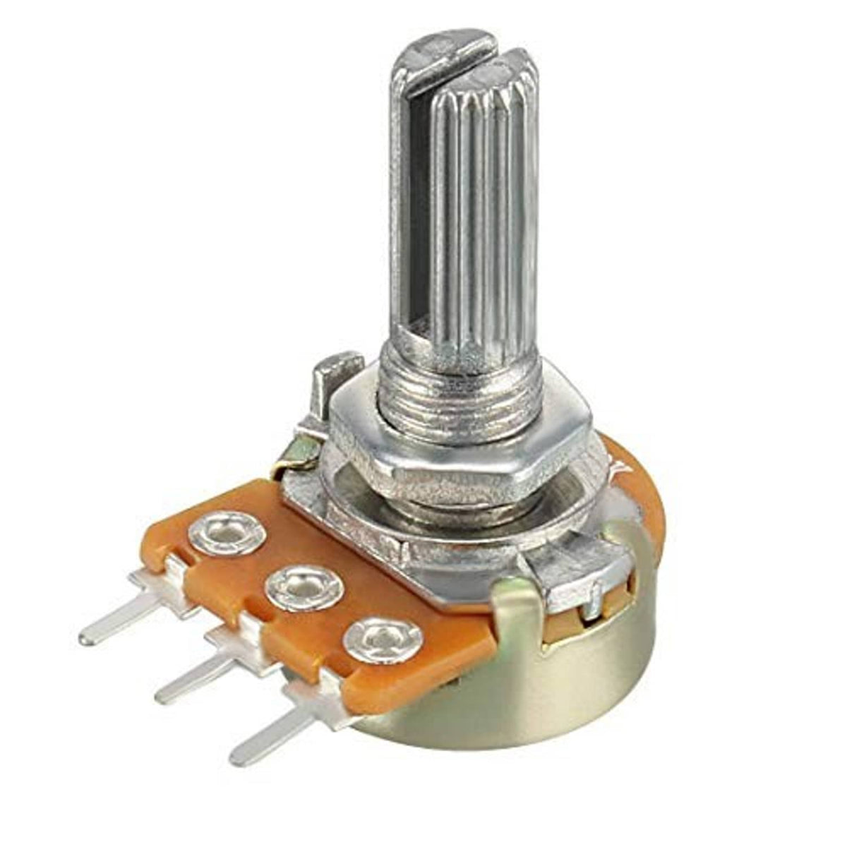 Single-joint potentiometer close-up with knurled metal shaft and 3 solder terminals