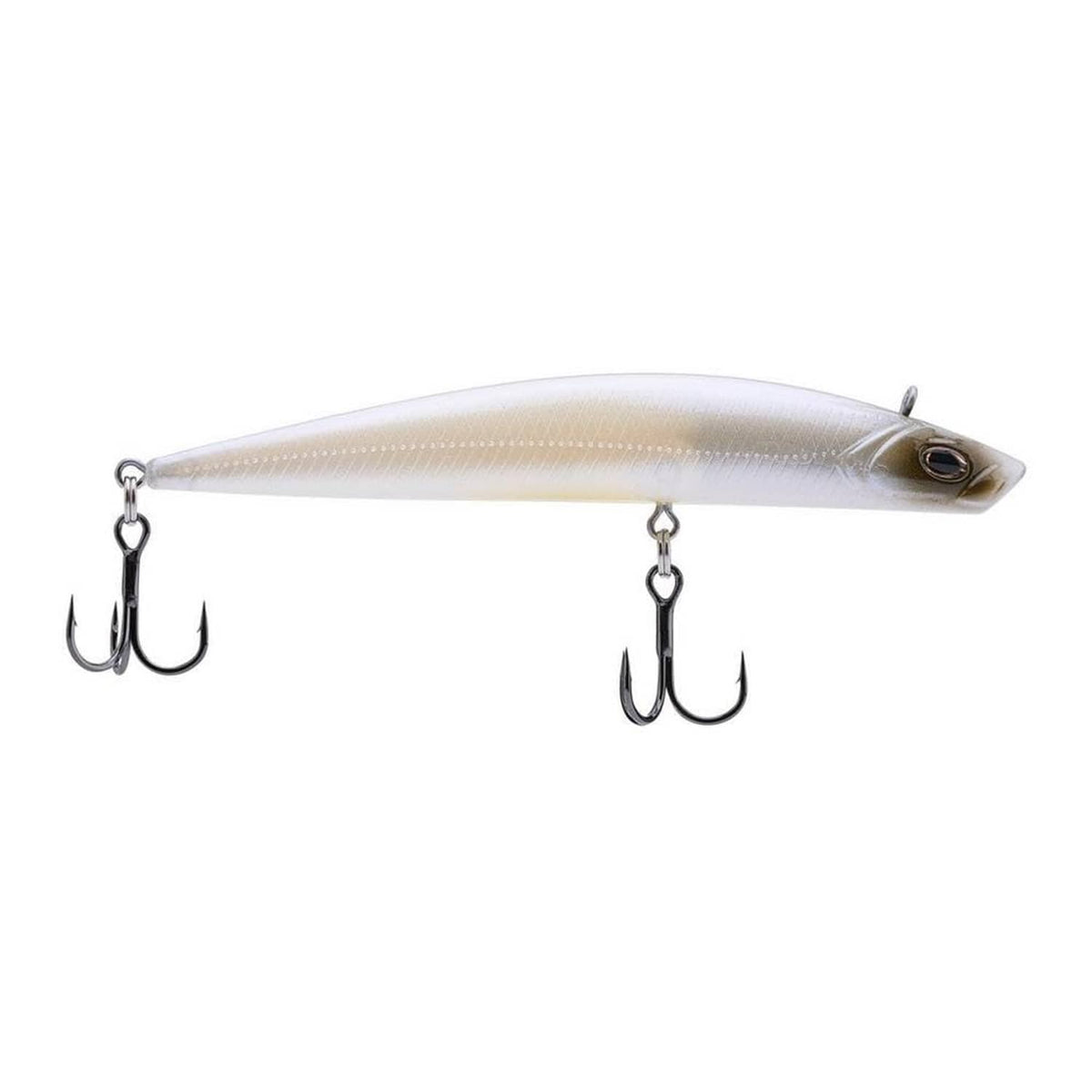 Silver-white glide bait fishing lure with two treble hooks, forward-facing head