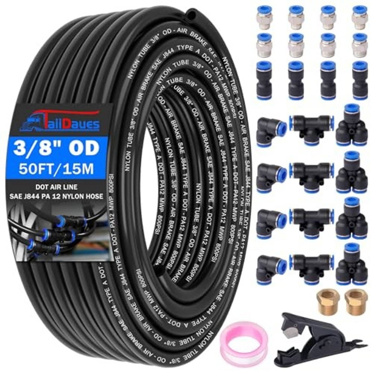 Air line tubing kit with black 3/8 in OD hose coil and blue barb-style fittings set