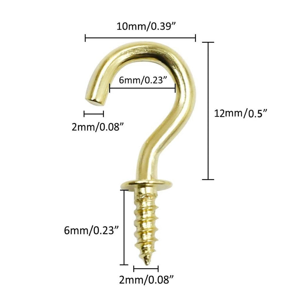 Gold ceiling cup hook with screw, size diagram with 10mm and 12mm