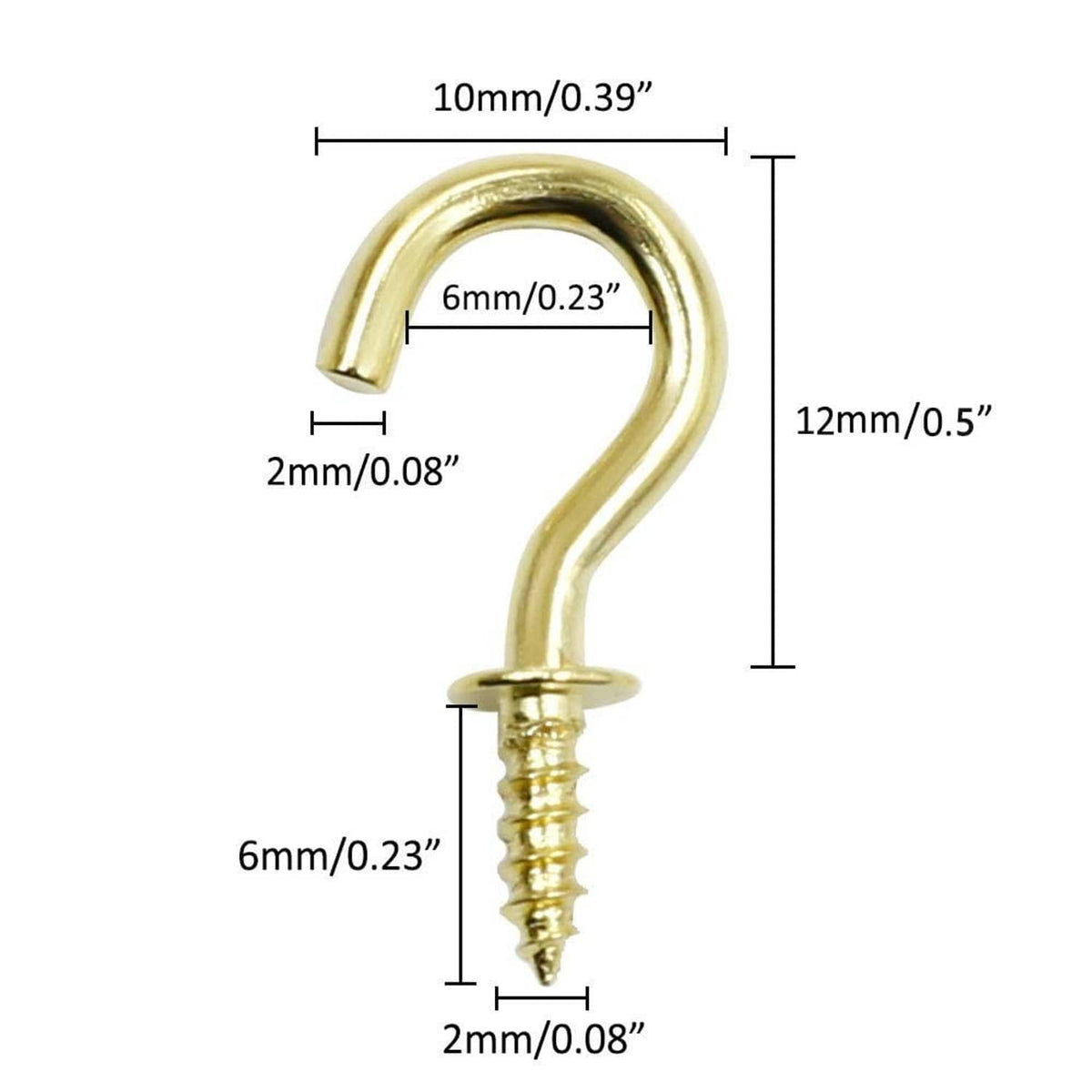 Gold ceiling cup hook with screw, size diagram with 10mm and 12mm