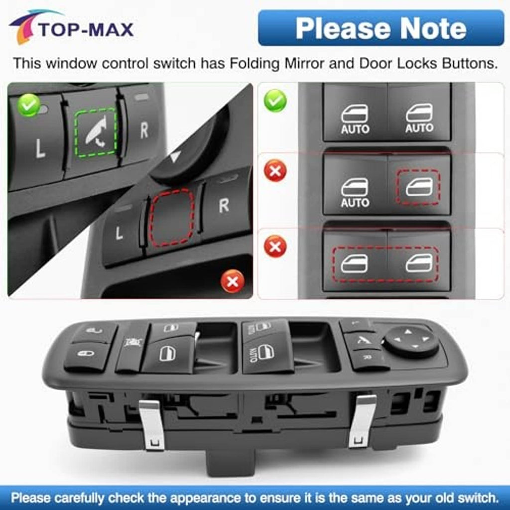 Black power window switch assembly with mirror and door-lock style button layout