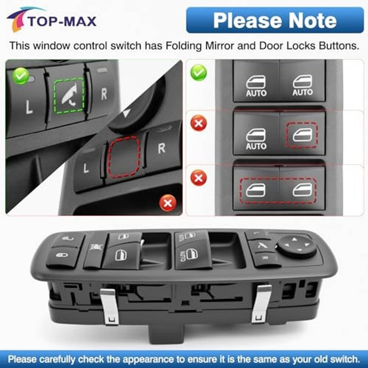 Black power window switch assembly with mirror and door-lock style button layout