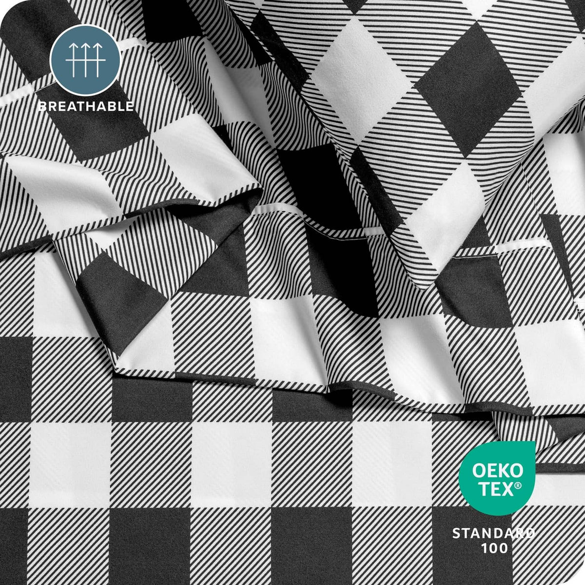 Black-and-white buffalo plaid microfiber bedding with breathable design and OEKO-TEX mark