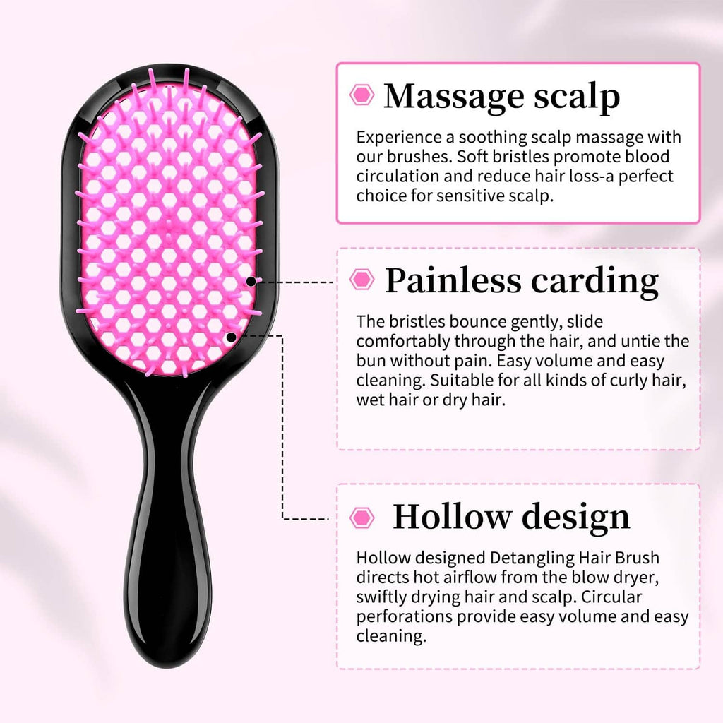 Vented detangling hair brush with black handle and pink hex bristle pad