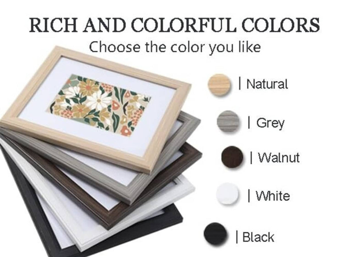 Picture frame color options in Natural, Grey, Walnut, White, and Black