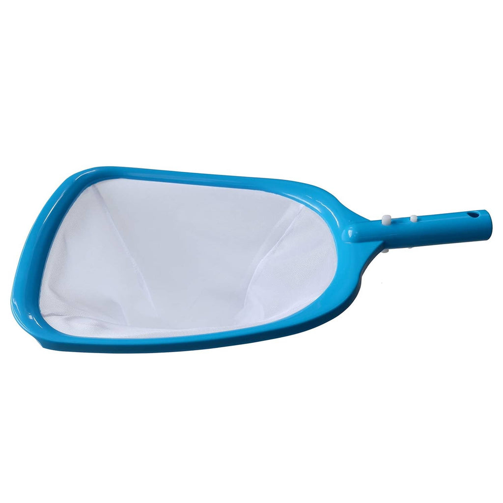 Blue pool leaf skimmer rake with white fine-mesh scoop and extended handle.