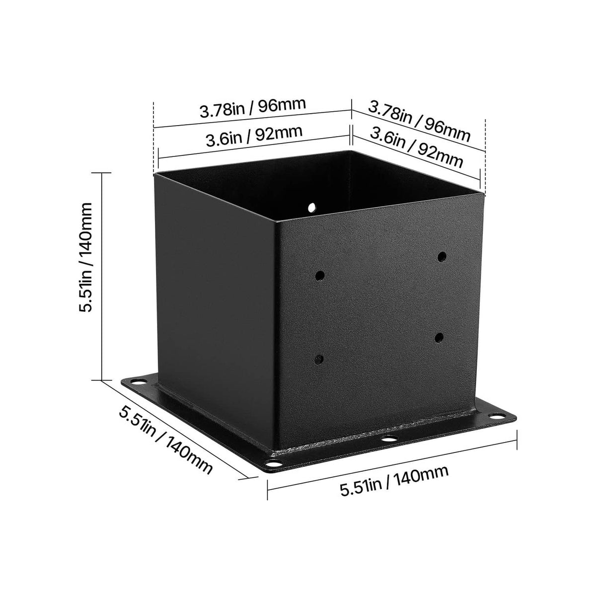 Black post base bracket with flange base plate and drilled mounting holes, 3.6 in opening