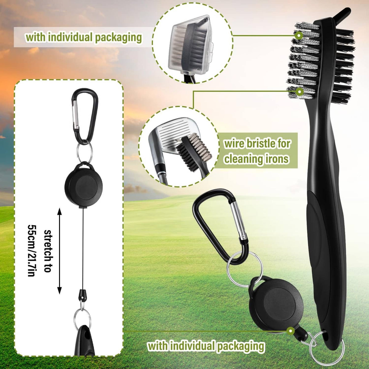 Black golf cleaning brush and storage pouch with carabiner clip and retractable strap, set