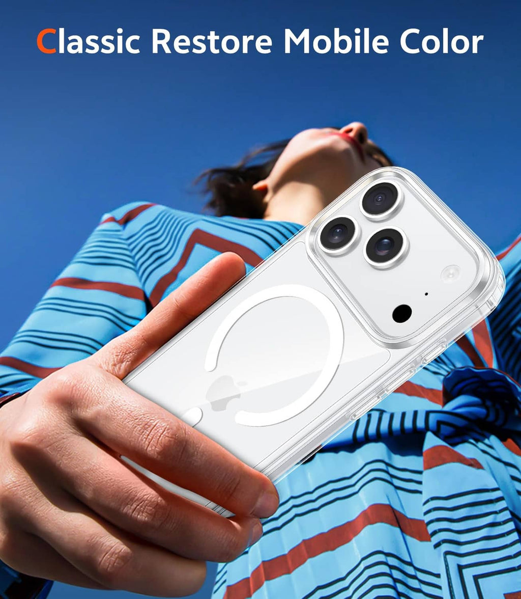 Clear iPhone 17 Pro Max case with Apple logo back and triple-camera cutouts