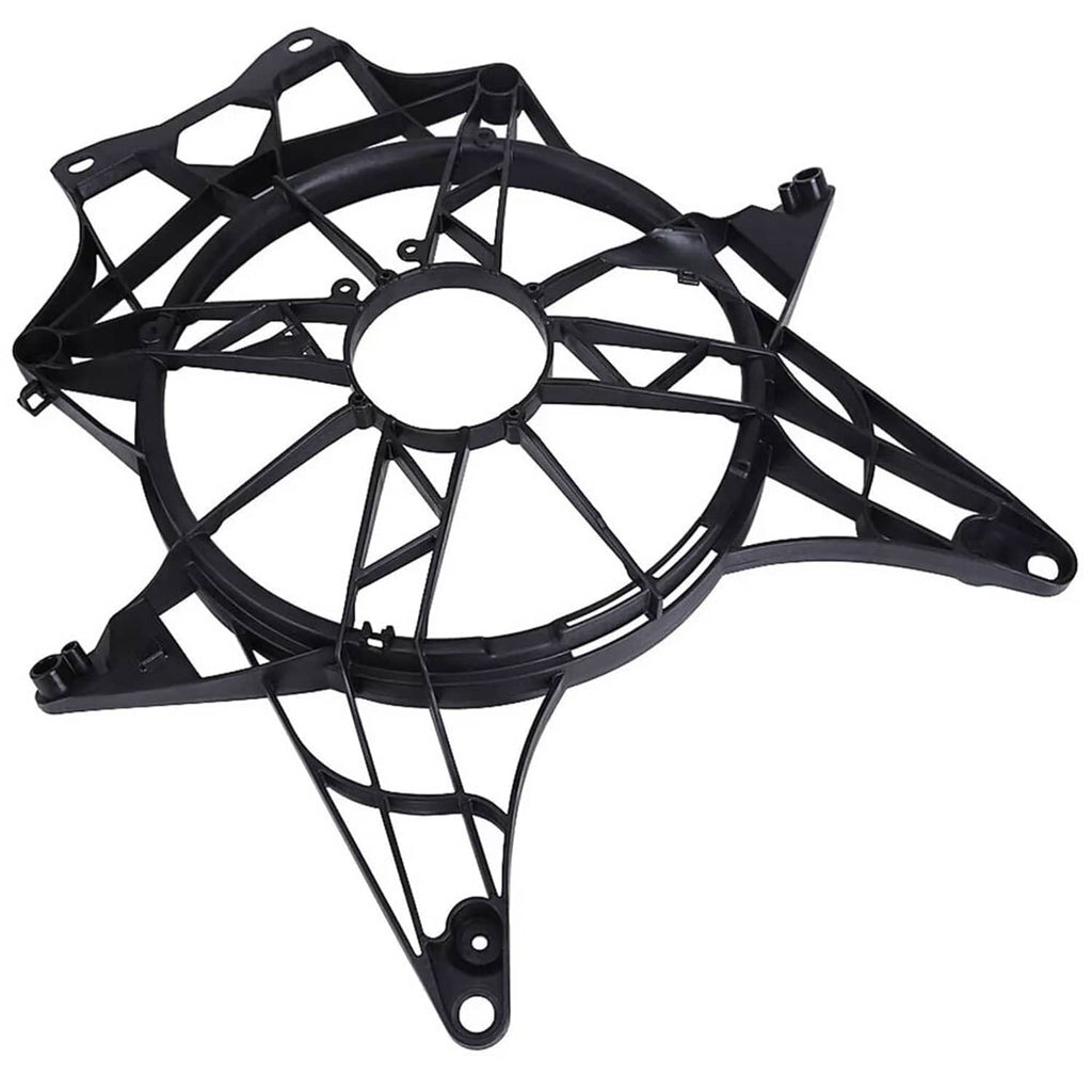 Black radiator fan guard frame angled view with circular opening and support struts