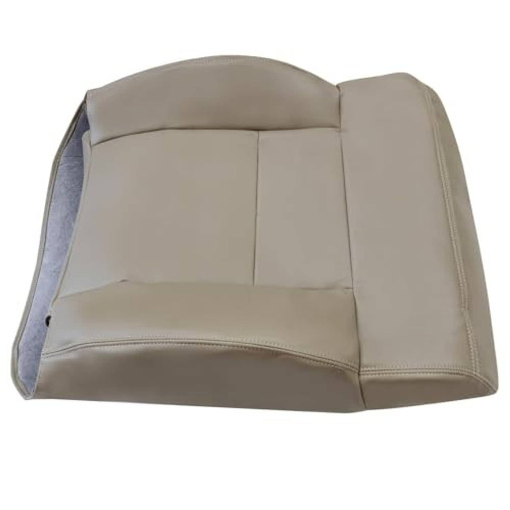 Beige seat cover with front seams and open side edge trim with gray backing