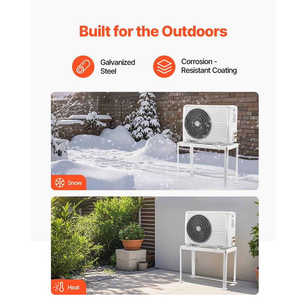 White mini split AC ground stand supporting an outdoor condenser unit
