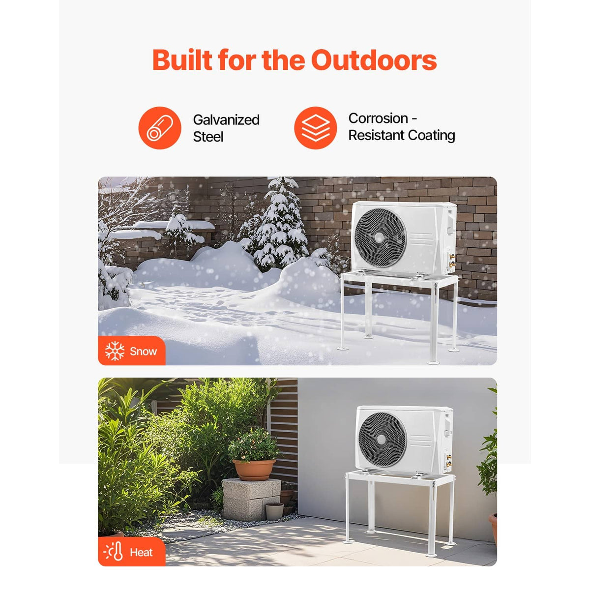 White mini split AC ground stand supporting an outdoor condenser unit