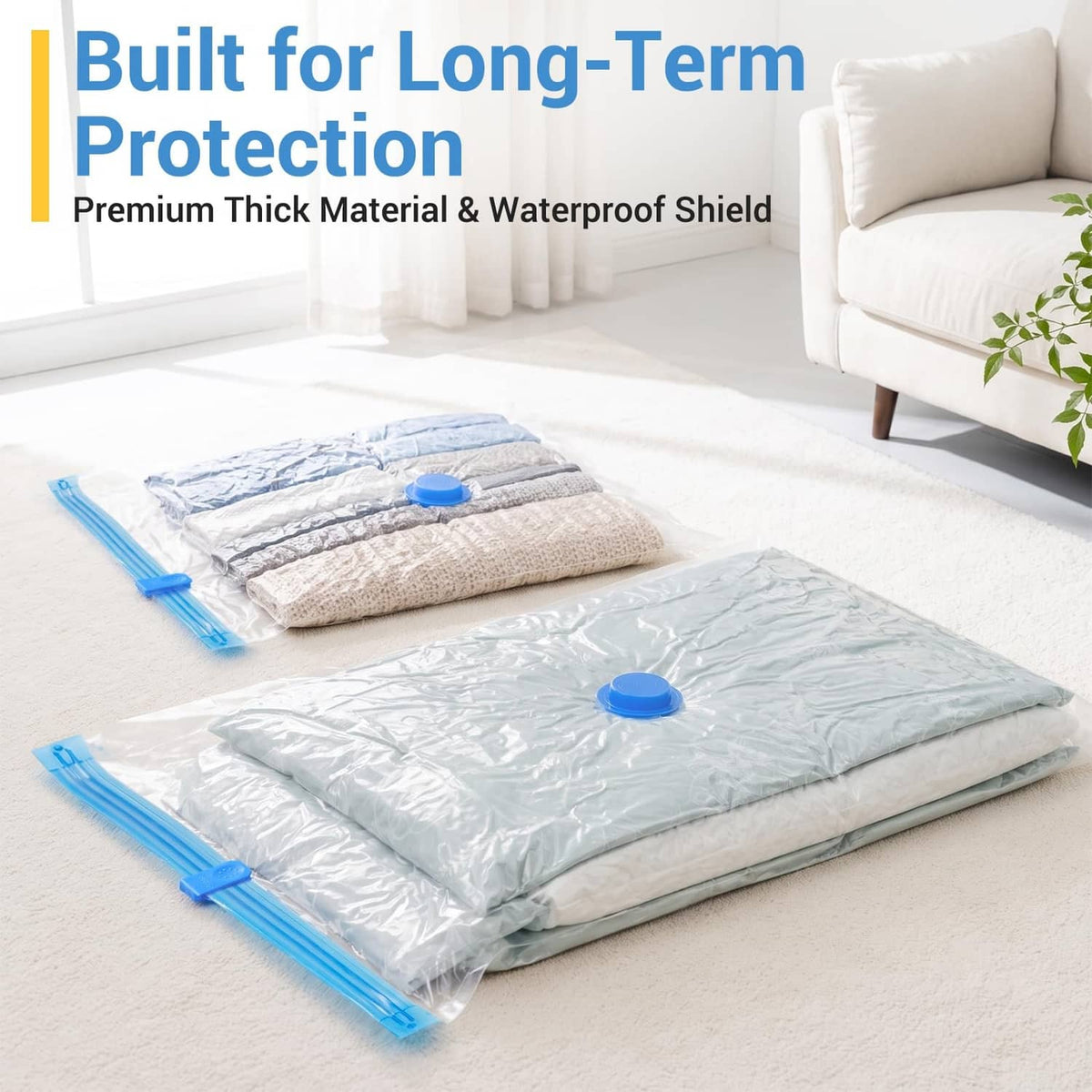 Vacuum storage bags with thick, waterproof material and blue seal caps for protection