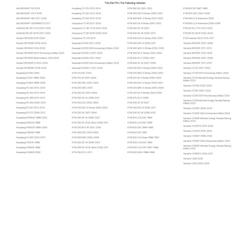 Compatibility list page for handlebar risers, black vehicle model codes in columns