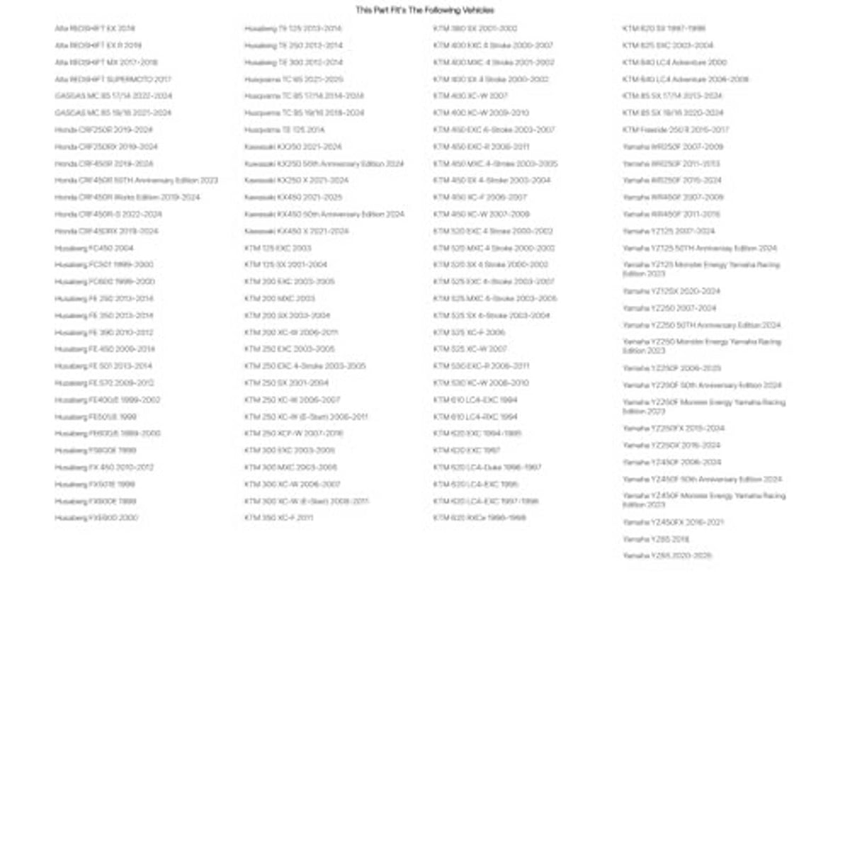 Compatibility list page for handlebar risers, black vehicle model codes in columns