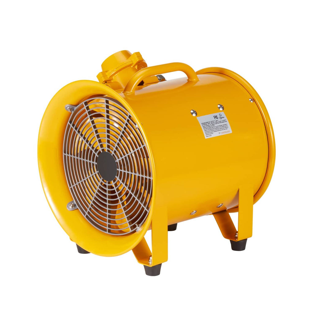 Yellow portable extractor fan blower with side view, front grille and carry handle