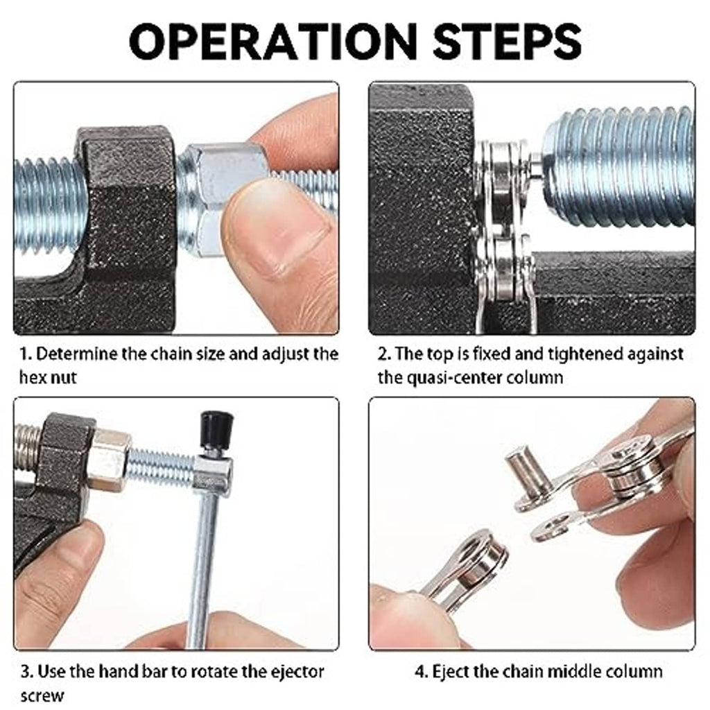 Chain breaker tool in use showing hands adjusting and ejecting a chain pin