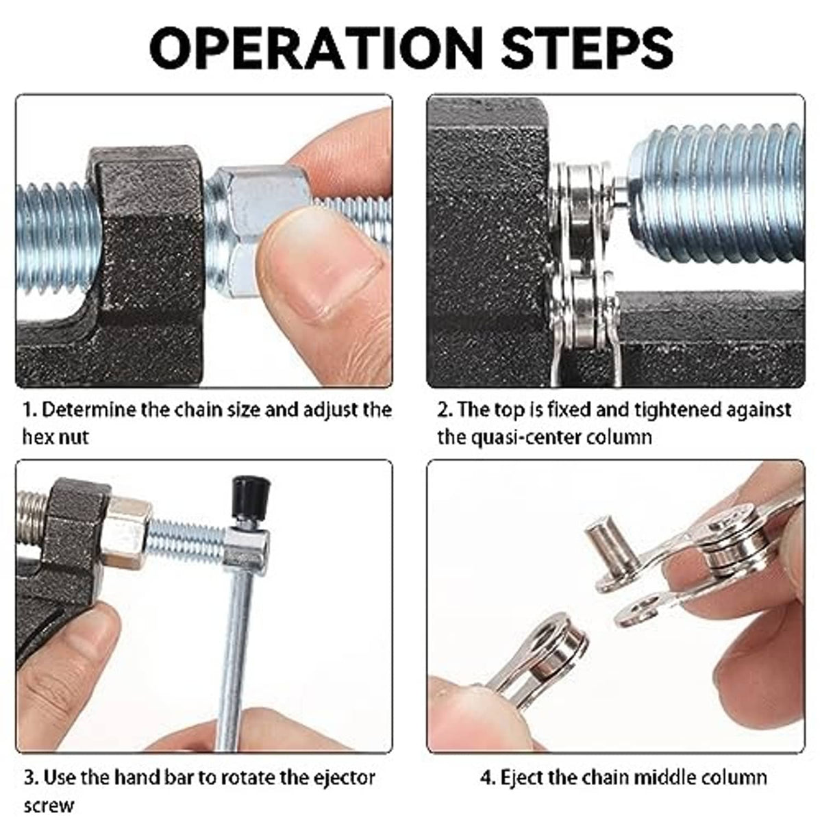 Chain breaker tool in use showing hands adjusting and ejecting a chain pin