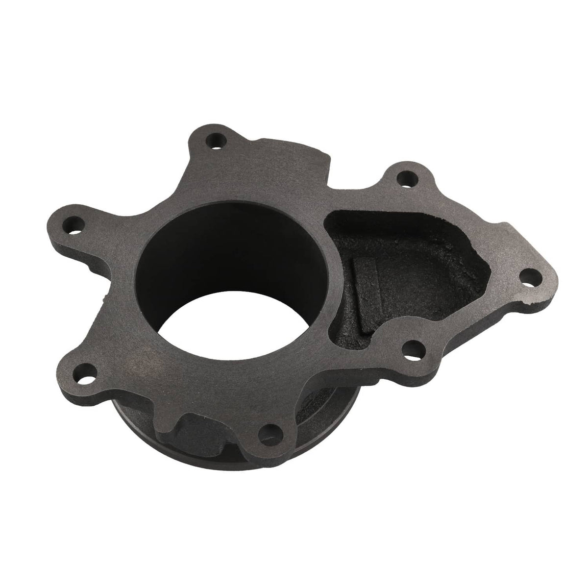 Turbo exhaust housing pedestal with circular opening and side outlet channel, dark finish