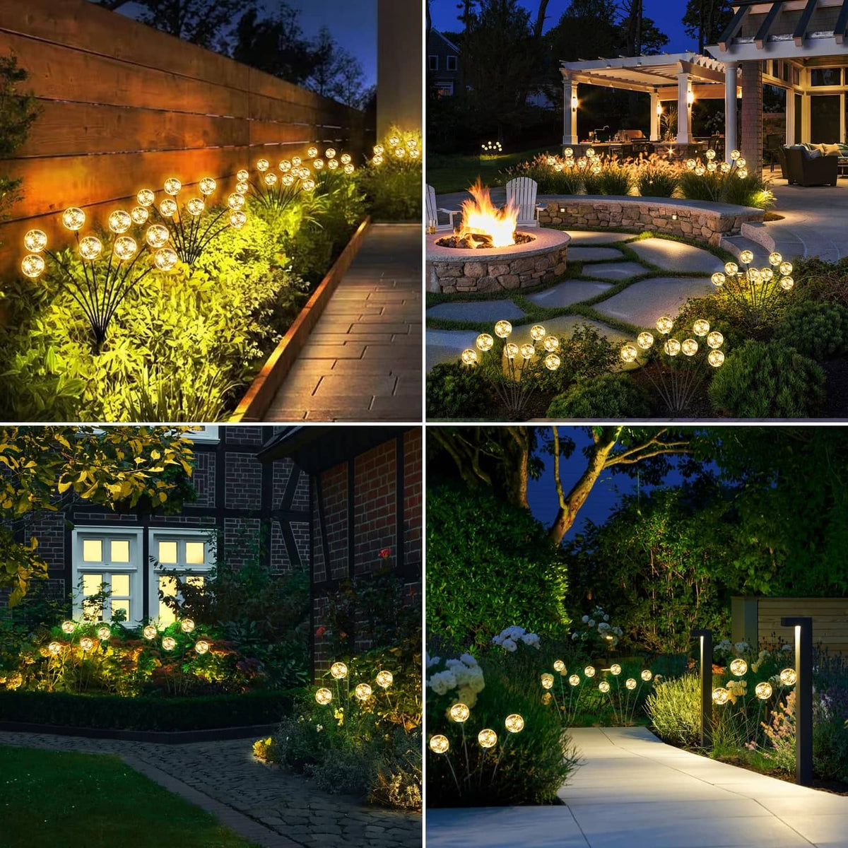 Warm white solar globe lights illuminating an outdoor garden path on black stakes